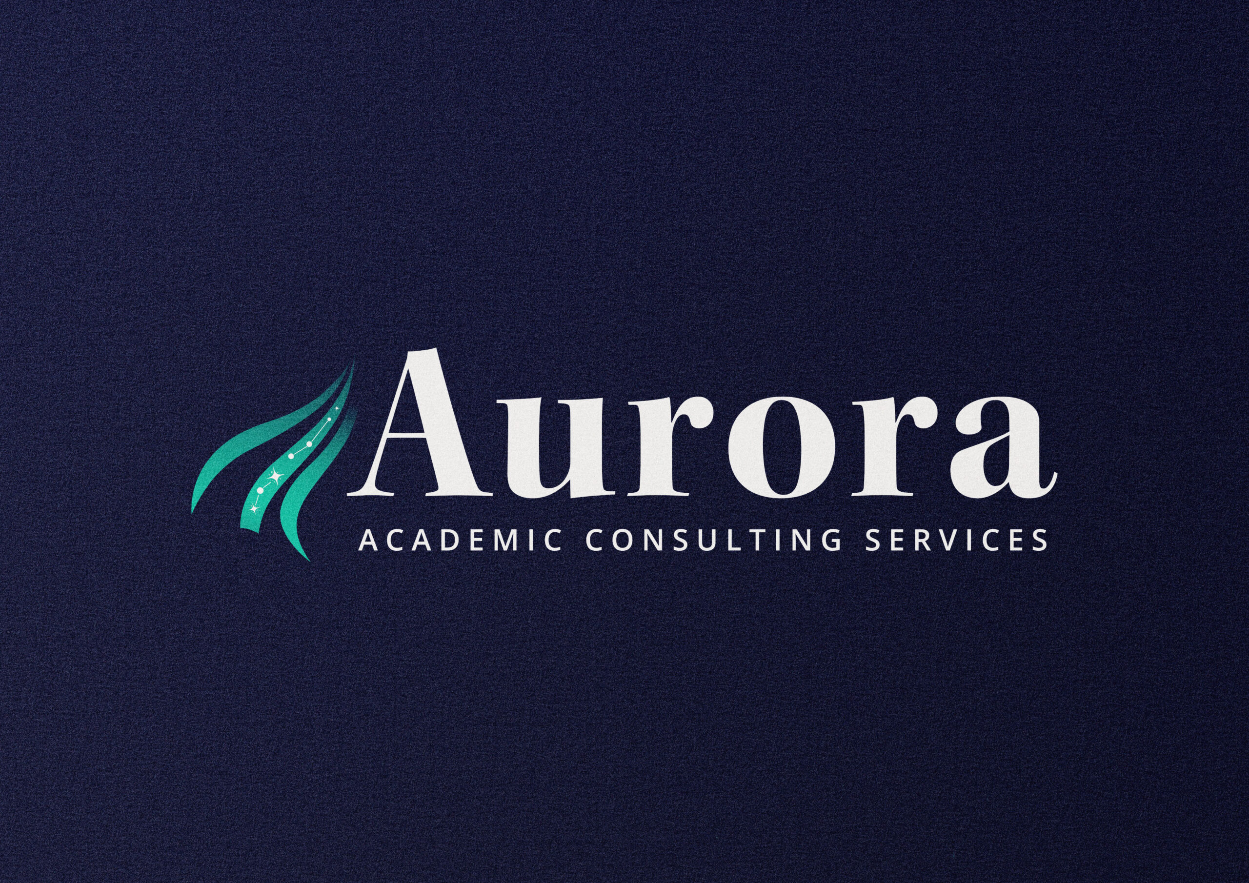 Aurora Academic Consulting logo displayed on a textured navy background with teal accent mark and refined typography.