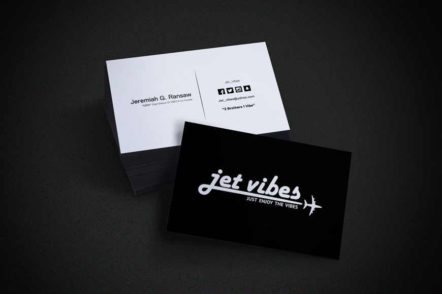 Jet Vibes business card design with black and white branding layout