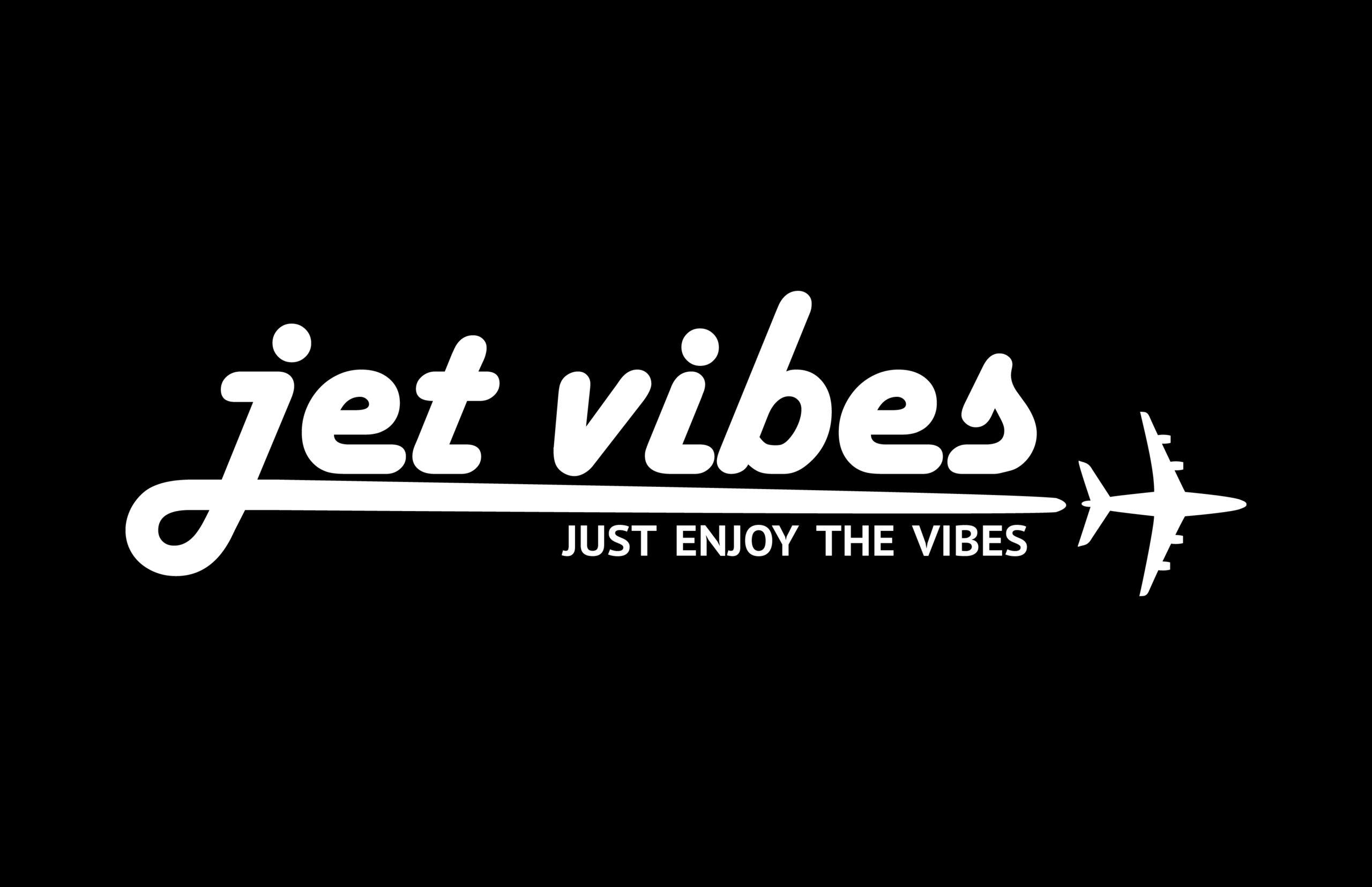 Jet Vibes logo in white script typography on black background with airplane underline